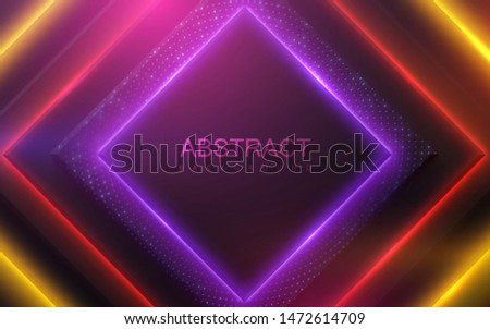 Neon glowing light. Geometric shapes with glitters. Abstract 3d background. Vector illustration of colorful electric lights. Modern cover design. Creative banner layout. Disco or nightlife decoration