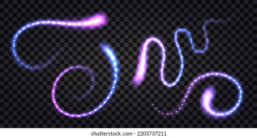 Neon glowing light swirl, laser beam, spark trail with thunder bolt.Purple and blue wavy luminous lines and neon led sparkles. Isolated transparent set on dark background. Vector illustration