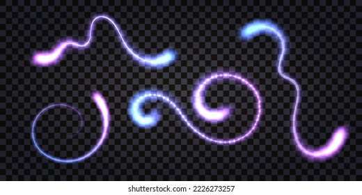 Neon glowing light swirl, laser beam, spark trail with thunder bolt.Purple and blue wavy luminous lines and neon led sparkles. Isolated transparent set on dark background. Vector illustration