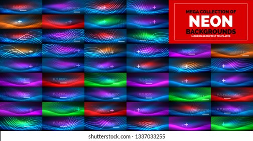 Neon glowing light wave abstract backgrounds collection, mega set of energy magic concept backgrounds. Vector illustration