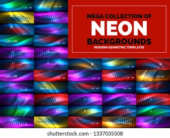 Neon glowing light wave abstract backgrounds collection, mega set of energy magic concept backgrounds. Vector illustration