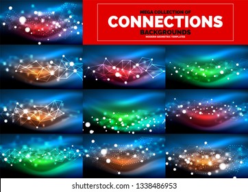 Colección de fondo abstracto de ondas luminosas brillantes neón, mega conjunto de antecedentes de concepto de magia energética. Ilustración del vector