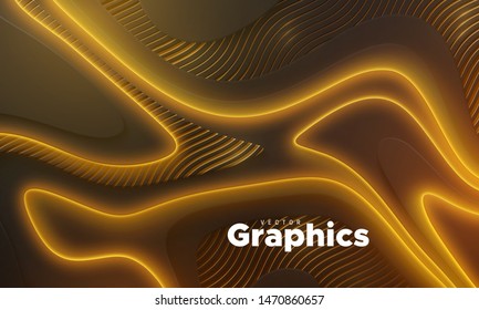 Neon glowing lights. Geometric wavy shape. Abstract 3d background. Vector illustration of colorful electric illumination. Modern cover design. Creative banner layout. Disco or nightlife decoration