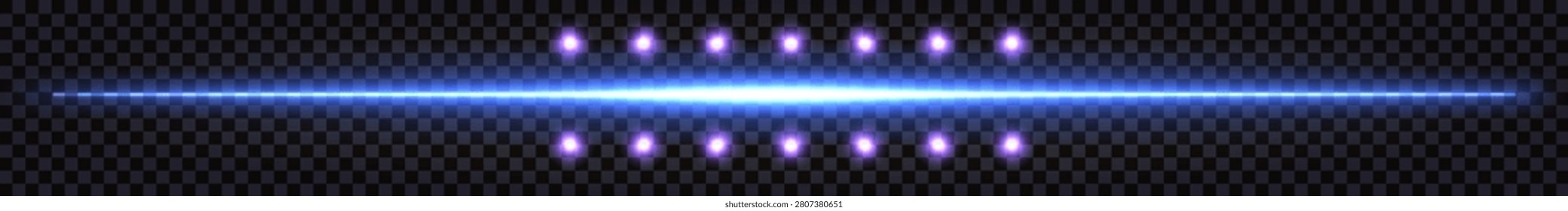 Neon glowing line border or divider for web design. Blue and purpe synthwave electric glow. Vector isolated transparent background.