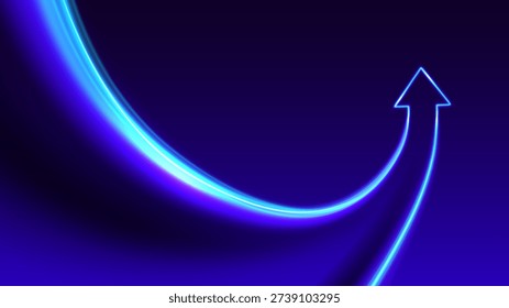 Neon glowing lines combining upward arrow. Symbol of growth, synergy, success. Futuristic tech concept on dark gradient background.