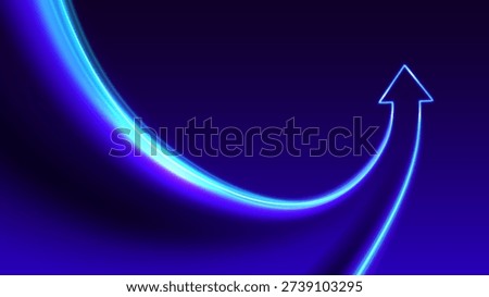 Neon glowing lines combining upward arrow. Symbol of growth, synergy, success. Futuristic tech concept on dark gradient background.