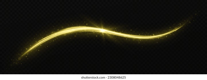 Neon glowing lines with light effect. Glittering dust light trail. Shiny wave design element with sparkles and particles. Abstract magic motion lines.