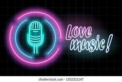 Neon glowing lines, love music concept,  love music background design