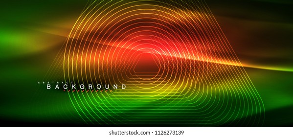 Líneas brillantes de neón, concepto de luz espacial mágica, diseño de fondo abstracto de fondo de fondo, ilustración vectorial