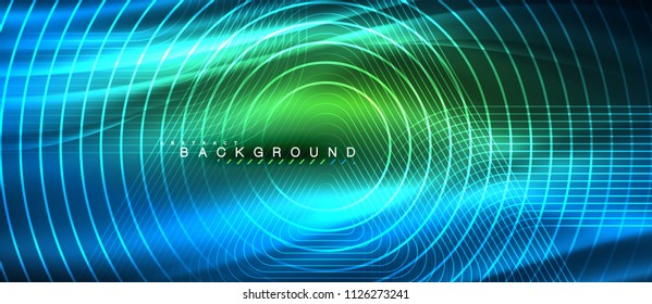 Neonleuchtende Linien, magisches Energieraum-Lichtkonzept, abstrakter Hintergrund, Tapete-Design, Vektorgrafik