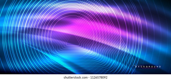 Líneas brillantes de neón, concepto de luz espacial mágica, diseño de fondo abstracto de fondo de fondo, ilustración vectorial