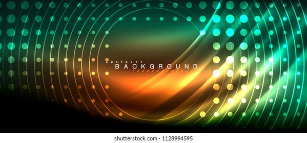 Líneas brillantes de neón, concepto de luz espacial mágica, diseño de fondo abstracto de fondo de fondo, ilustración vectorial