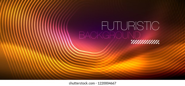 Líneas brillantes de neón, concepto de luz espacial mágica, diseño de fondo abstracto de fondo de fondo, ilustración vectorial