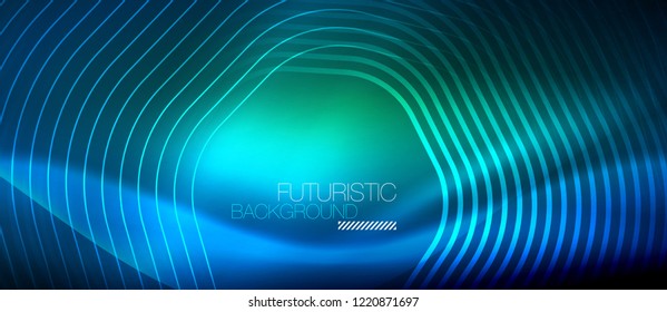 Linhas brilhantes de néon, conceito de luz de espaço de energia mágica, design de papel de parede de fundo abstrato, ilustração vetorial