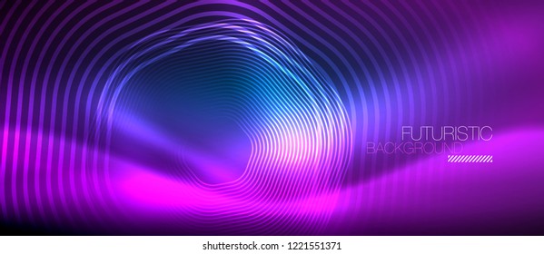 Líneas brillantes de neón, concepto de luz de espacio mágico, diseño de fondo abstracto de fondo, ilustración vectorial