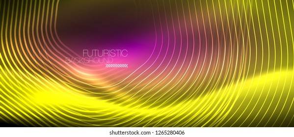 Líneas brillantes de neón, concepto de luz espacial mágica, diseño de fondo abstracto de fondo de fondo, ilustración vectorial
