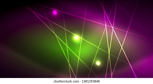 Líneas brillantes de neón, concepto de luz espacial mágica, diseño de fondo abstracto de fondo de fondo, ilustración vectorial