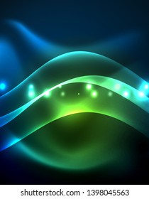 Líneas brillantes de neón, concepto de luz espacial mágica, diseño de fondo abstracto de fondo de fondo, ilustración vectorial