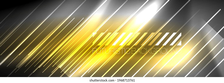 Neon glowing lines, magic energy and light motion background. Vector wallpaper template