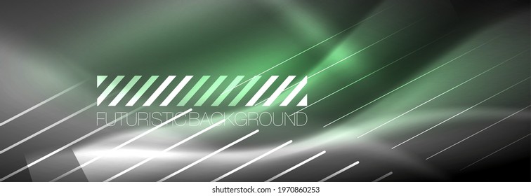 Neon glowing lines, magic energy and light motion background. Vector wallpaper template