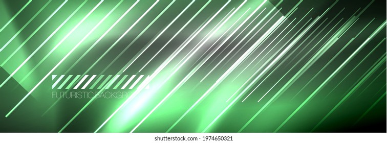 Neon glowing lines, magic energy and light motion background. Vector wallpaper template