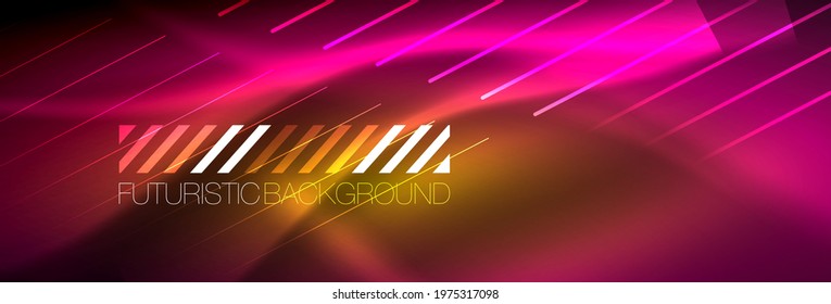 Neon glowing lines, magic energy and light motion background. Vector wallpaper template