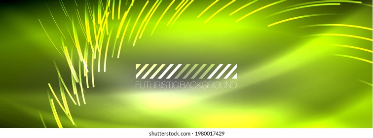 Neon glowing lines, magic energy and light motion background. Vector wallpaper template