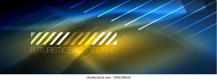 Neon glowing lines, magic energy and light motion background. Vector wallpaper template