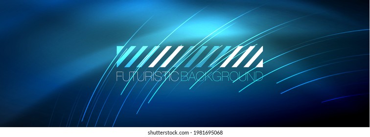 Neon glowing lines, magic energy and light motion background. Vector wallpaper template