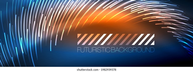 Neon glowing lines, magic energy and light motion background. Vector wallpaper template