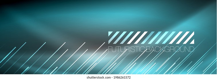 Neon glowing lines, magic energy and light motion background. Vector wallpaper template