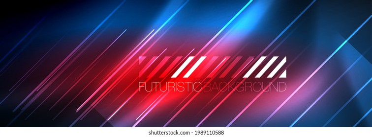 Neon glowing lines, magic energy and light motion background. Vector wallpaper template