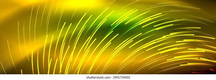 Neon glowing lines, magic energy and light motion background. Vector wallpaper template