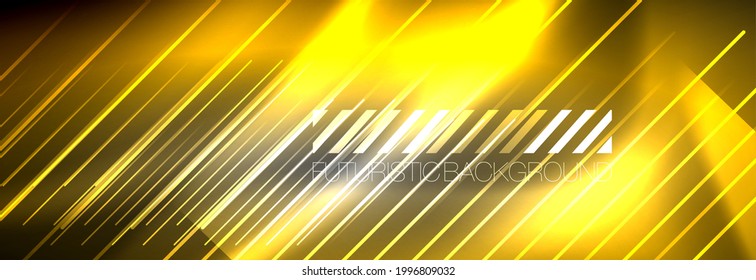 Neon glowing lines, magic energy and light motion background. Vector wallpaper template