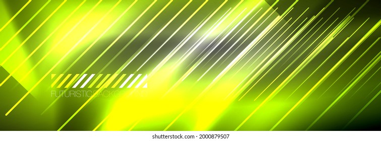 Neon glowing lines, magic energy and light motion background. Vector wallpaper template