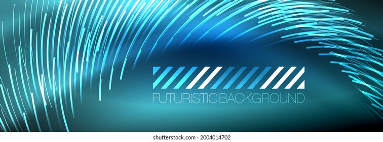 Neon glowing lines, magic energy and light motion background. Vector wallpaper template