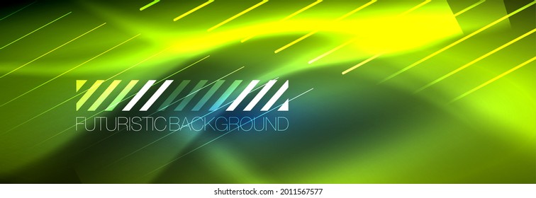 Neon glowing lines, magic energy and light motion background. Vector wallpaper template