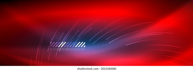 Neon glowing lines, magic energy and light motion background. Vector wallpaper template