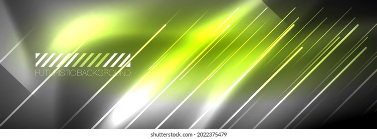 Neon glowing lines, magic energy and light motion background. Vector wallpaper template