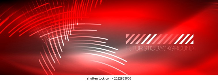 Neon glowing lines, magic energy and light motion background. Vector wallpaper template