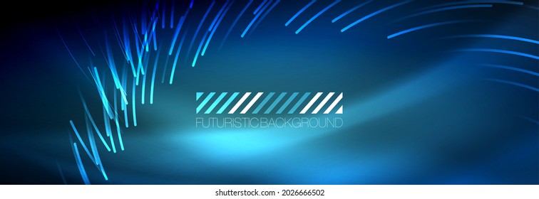 Neon glowing lines, magic energy and light motion background. Vector wallpaper template