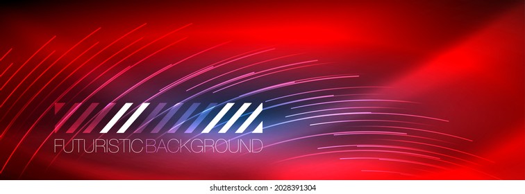 Neon glowing lines, magic energy and light motion background. Vector wallpaper template
