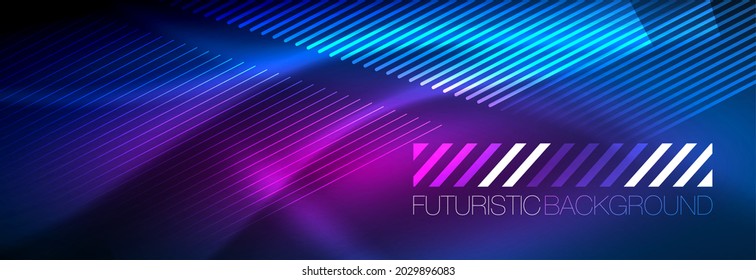 Neon glowing lines, magic energy and light motion background. Vector wallpaper template