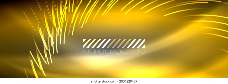 Neon glowing lines, magic energy and light motion background. Vector wallpaper template