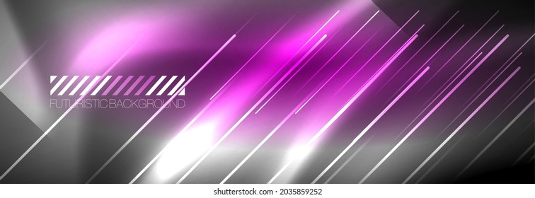 Neon glowing lines, magic energy and light motion background. Vector wallpaper template