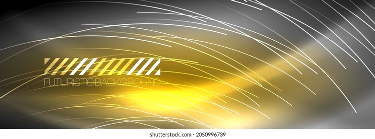 Neon glowing lines, magic energy and light motion background. Vector wallpaper template