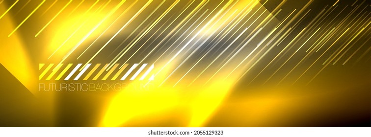 Neon glowing lines, magic energy and light motion background. Vector wallpaper template