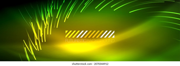 Neon glowing lines, magic energy and light motion background. Vector wallpaper template