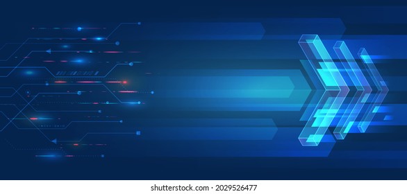 Neon glowing lines on a blue background. High tech technology concept for banner or presentation. Futuristic background made of arrows blocks. 