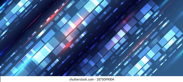 Neon glowing lines. Speed and motion blur over dark  background. Wide background with various technological elements. Hi-tech computer digital technology concept. Technology Web banner.